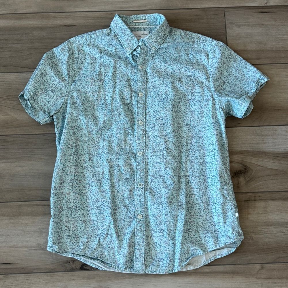 Denim & Flower Men's Blue Patterned Short Sleeve Button Down Shirt Slimfit M.